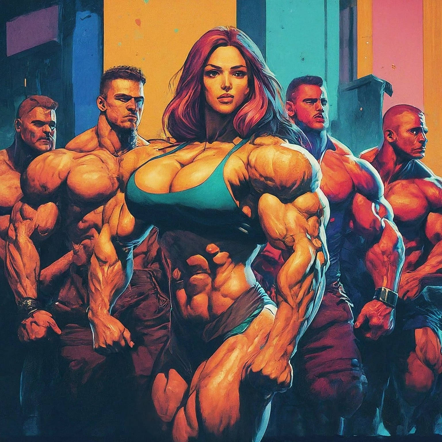 A.I. Muscle Goddess art by Mister Squeezable, female bodybuilder flexing her biceps