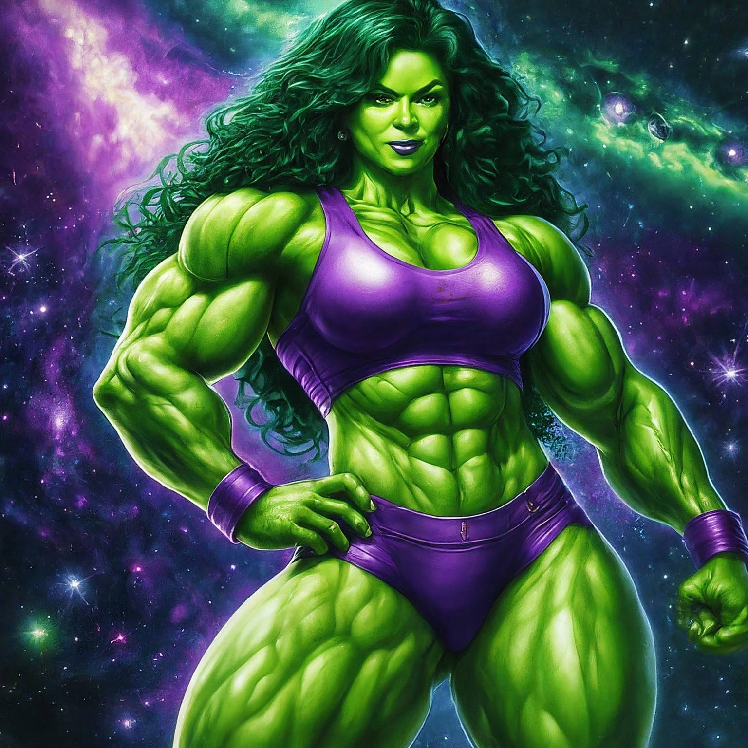 A.I. Muscle Goddess art by Mister Squeezable, three female bodybuilders flexing their enormous muscles in the ruines of Post-Acopalyptic Amsterdaim