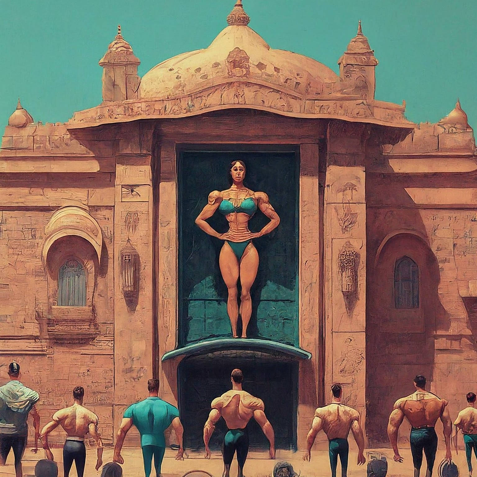 A.I. Muscle Goddess art by Mister Squeezable, two lethal female bodybuilders standing in the ruines of Post-Acopalyptic Amsterdaim to see if there are any male enemies left to destroy by snu-snu.