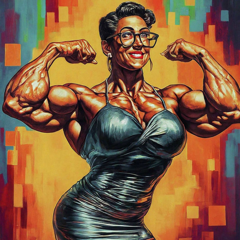 A.I. Muscle Goddess art by Mister Squeezable, female bodybuilder flexing her biceps in Amsterdaim