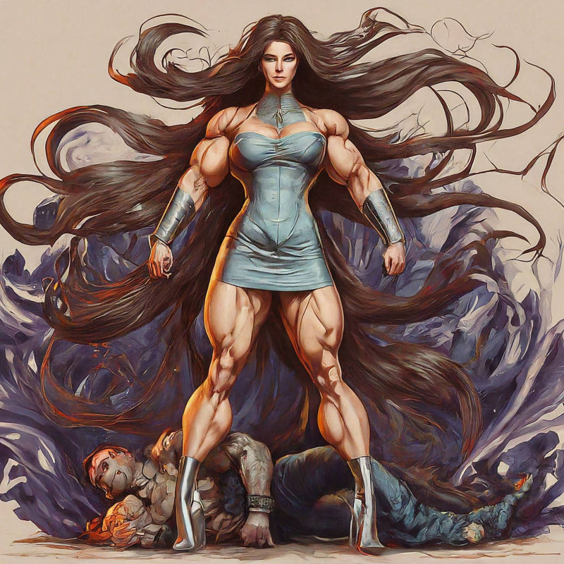 A.I. Muscle Goddess art by Mister Squeezable, a female bodybuilder standing proudly and victorious in the ruines of Post-Acopalyptic Amsterdaim