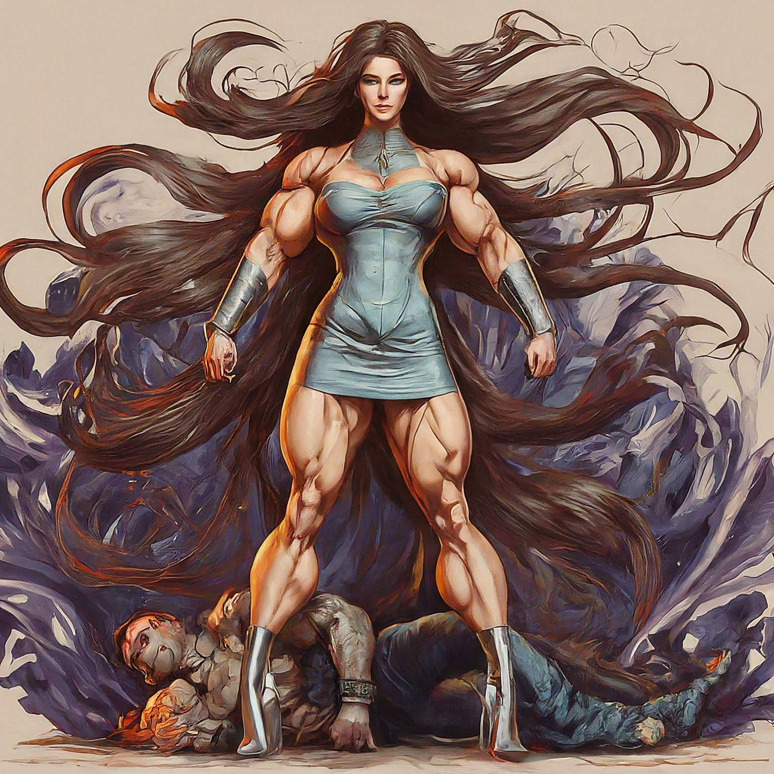 A.I. Muscle Goddess art by Mister Squeezable, a female bodybuilder standing proudly and victorious in the ruines of Post-Acopalyptic Amsterdaim
