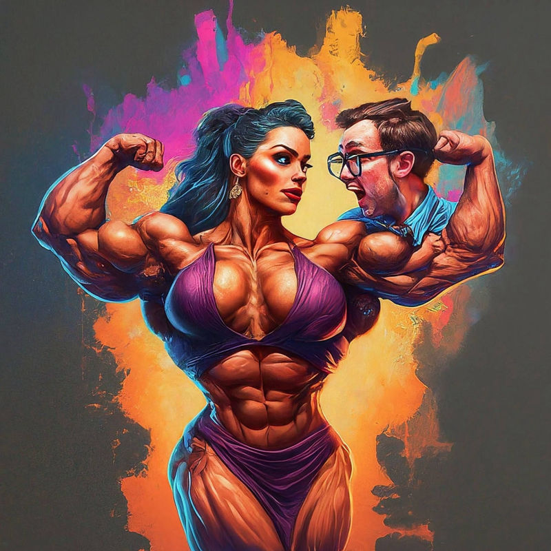 A.I. Muscle Goddess art by Mister Squeezable, female bodybuilder standing with pride while her bulging muscles make all men weak in the knees.
