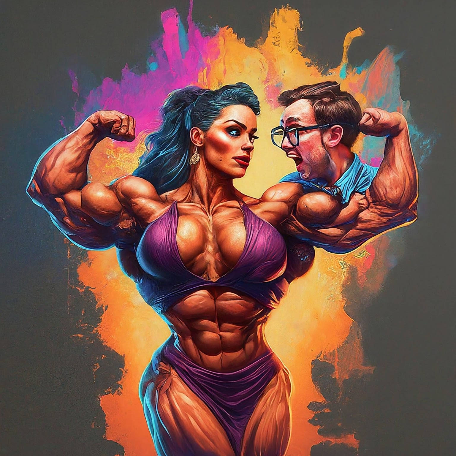 A.I. Muscle Goddess art by Mister Squeezable, female bodybuilder standing with pride while her bulging muscles make all men weak in the knees.