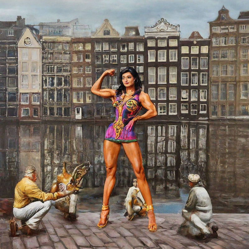 A.I. Muscle Goddess art by Mister Squeezable, a female bodybuilder flexing her enormous bicep muscles in Amsterdaim